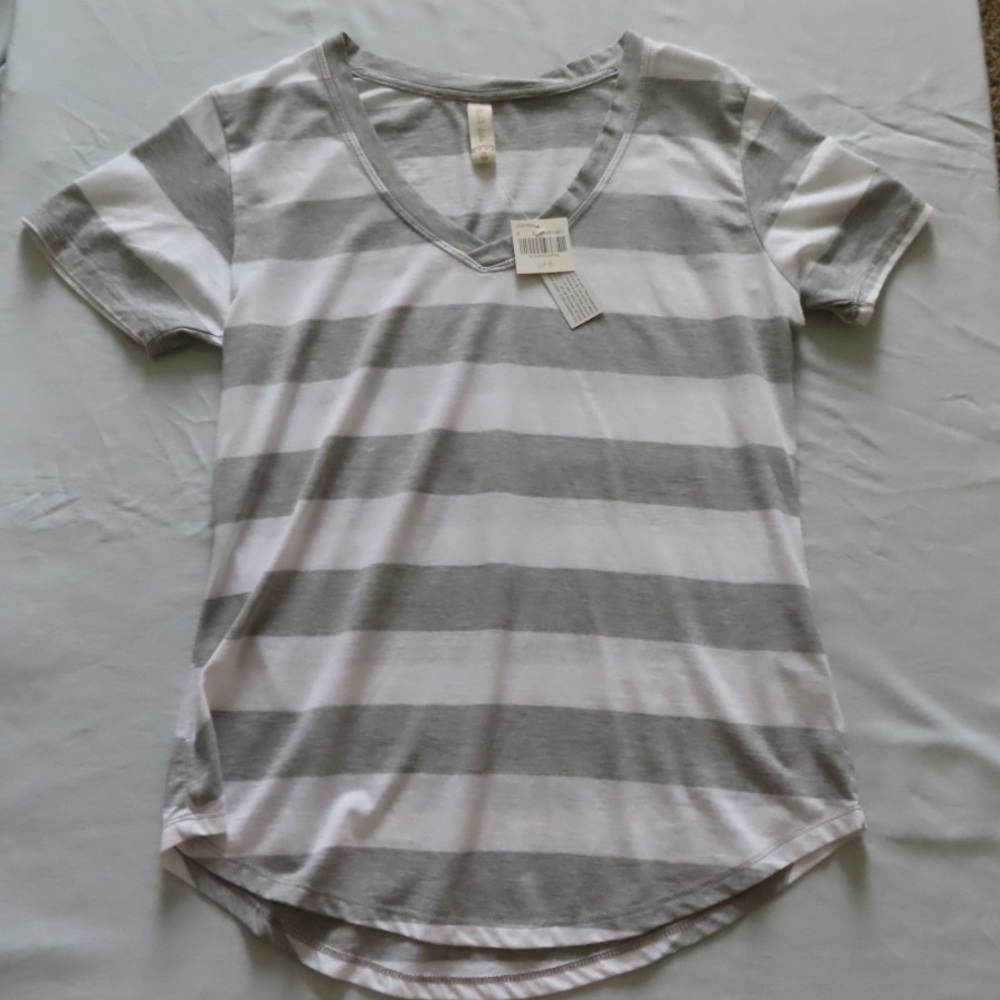 Gray and White Striped V Neck T Shirt